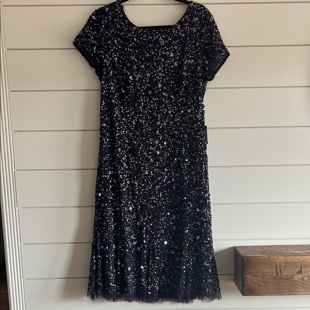 Adrianna Papell Sparkling Purple Sequins Midi Dress NEW